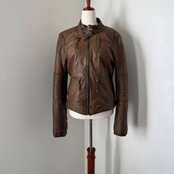 Vintage Brown Moto Leather Jacket Blanc Noir Size L - Picture 2 of 8